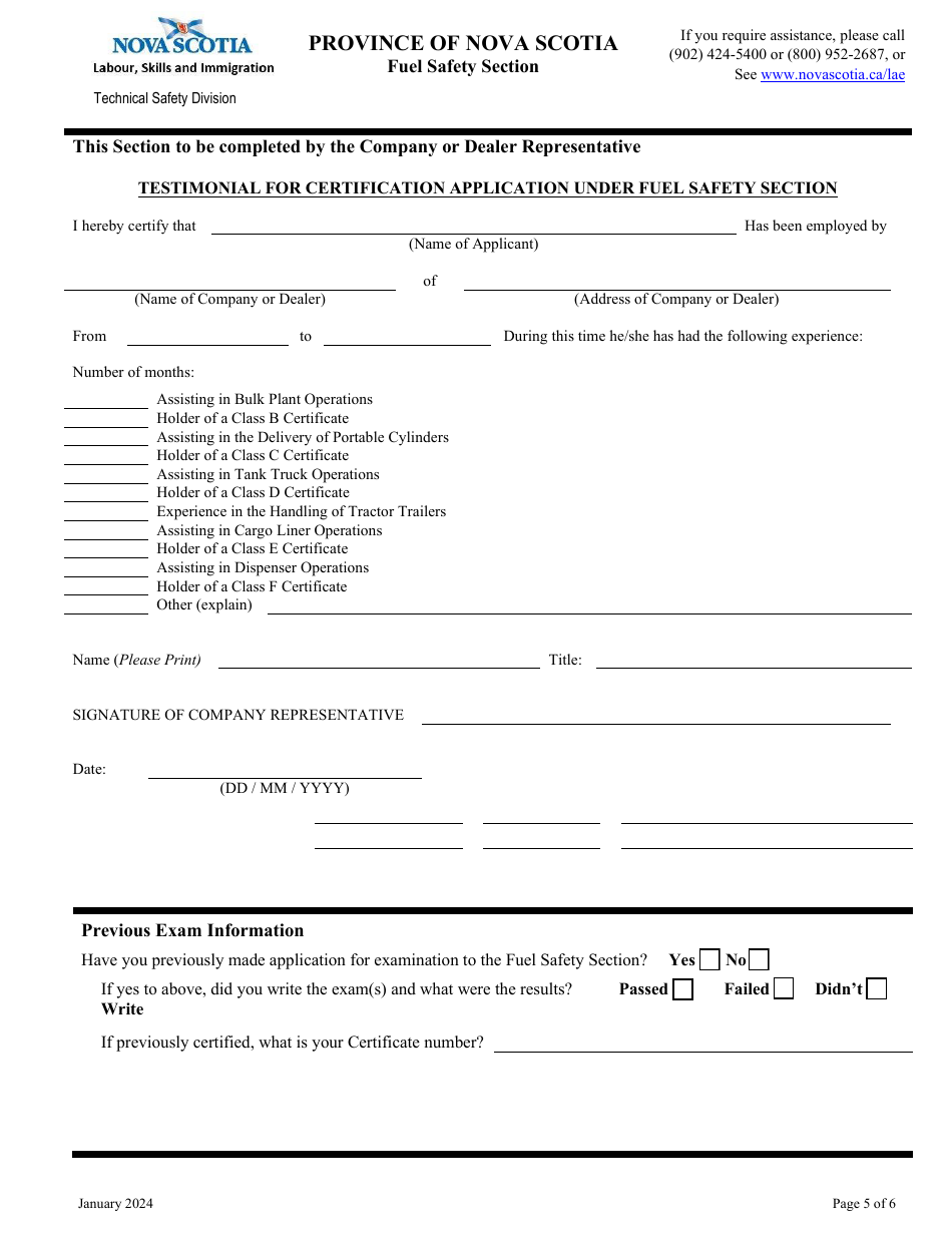 Application for Gas Operator Licence, Gas Technician Licence and Oil Burner Technician License - Nova Scotia, Canada, Page 5
