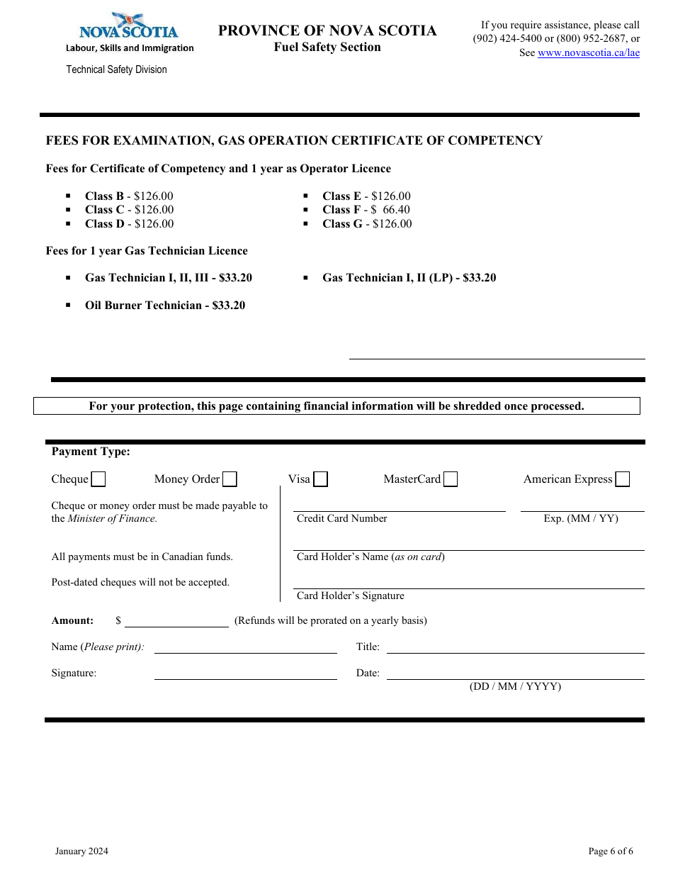 Application for Gas Operator Licence, Gas Technician Licence and Oil Burner Technician License - Nova Scotia, Canada, Page 6