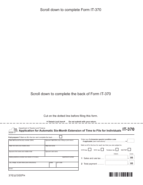 Form IT-370 Application for Automatic Six-Month Extension of Time to File for Individuals - New York, 2023