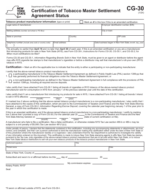 Form CG-30 Certification of Tobacco Master Settlement Agreement Status - New York
