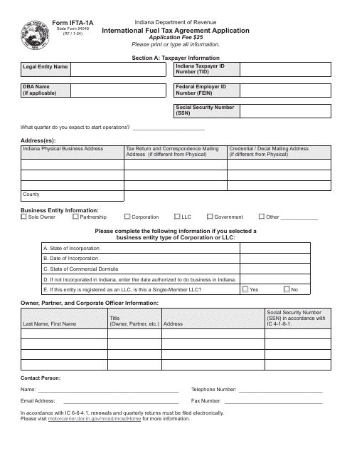 Form IFTA-1A (State Form 54049)  Printable Pdf