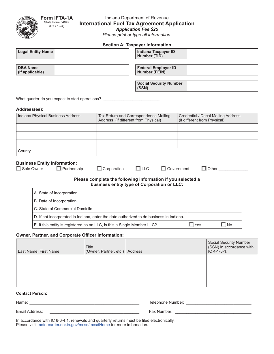 Form IFTA-1A (State Form 54049) International Fuel Tax Agreement Application - Indiana, Page 1
