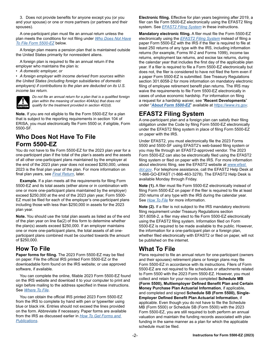Instructions for IRS Form 5500-EZ Annual Return of a One-Participant (Owners / Partners and Their Spouses) Retirement Plan or a Foreign Plan, Page 2