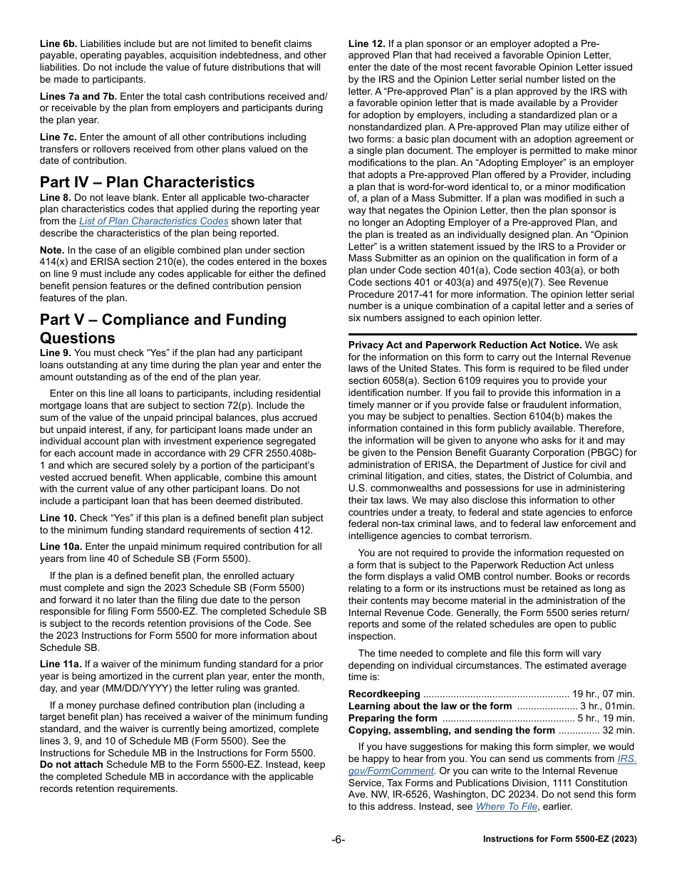 Instructions for IRS Form 5500-EZ Annual Return of a One-Participant (Owners / Partners and Their Spouses) Retirement Plan or a Foreign Plan, Page 6