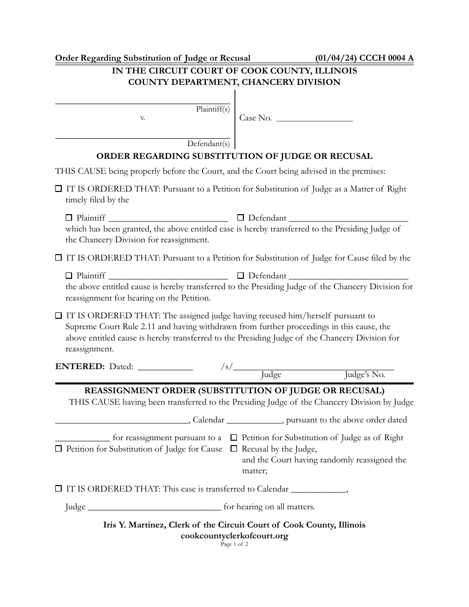 Form CCCH0004 Order Regarding Substitution of Judge or Recusal - Cook County, Illinois, Page 1