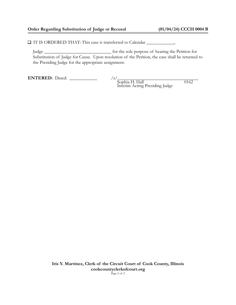 Form CCCH0004 Order Regarding Substitution of Judge or Recusal - Cook County, Illinois, Page 2