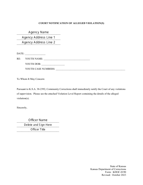 Form KDOC-0190 Court Notification of Alleged Violation(S) - Kansas