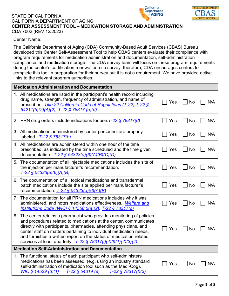 Form CDA7002 Center Assessment Tool - Medication Storage and Administration - California, Page 1