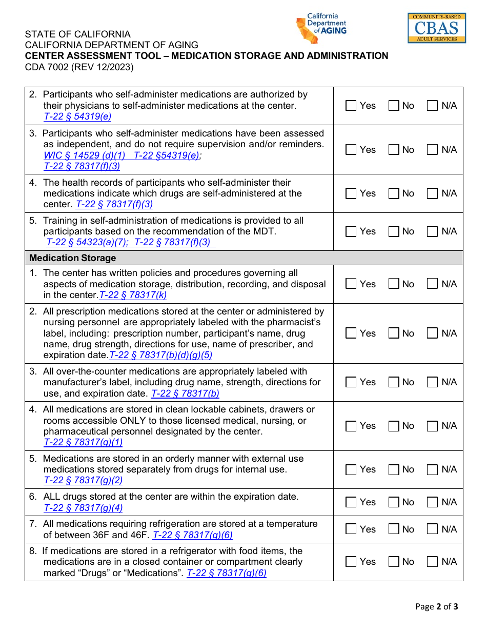 Form CDA7002 Center Assessment Tool - Medication Storage and Administration - California, Page 2