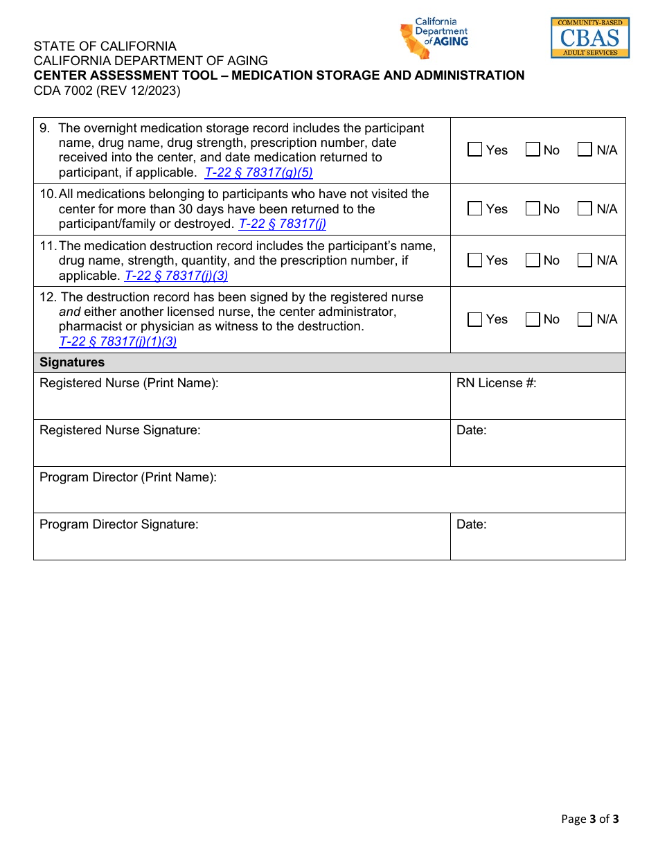 Form CDA7002 Center Assessment Tool - Medication Storage and Administration - California, Page 3