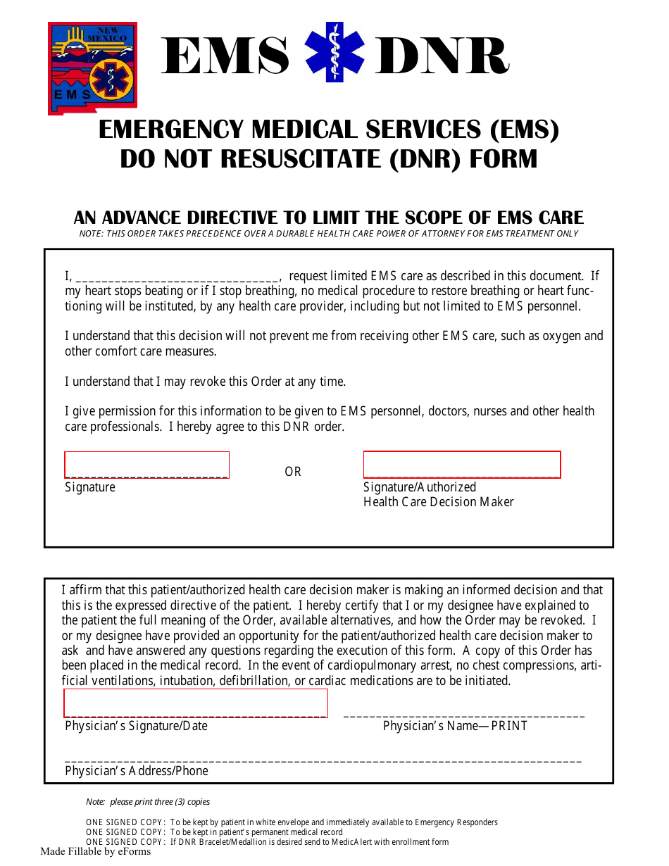 Emergency Medical Services (EMS) Do Not Resuscitate (DNR) Form - New Mexico, Page 3