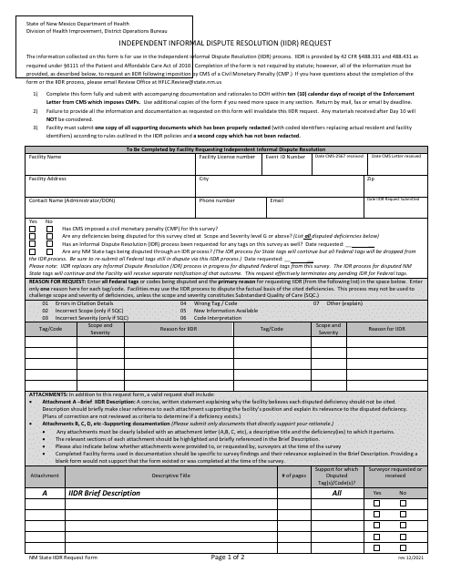 Independent Informal Dispute Resolution (Iidr) Request - New Mexico