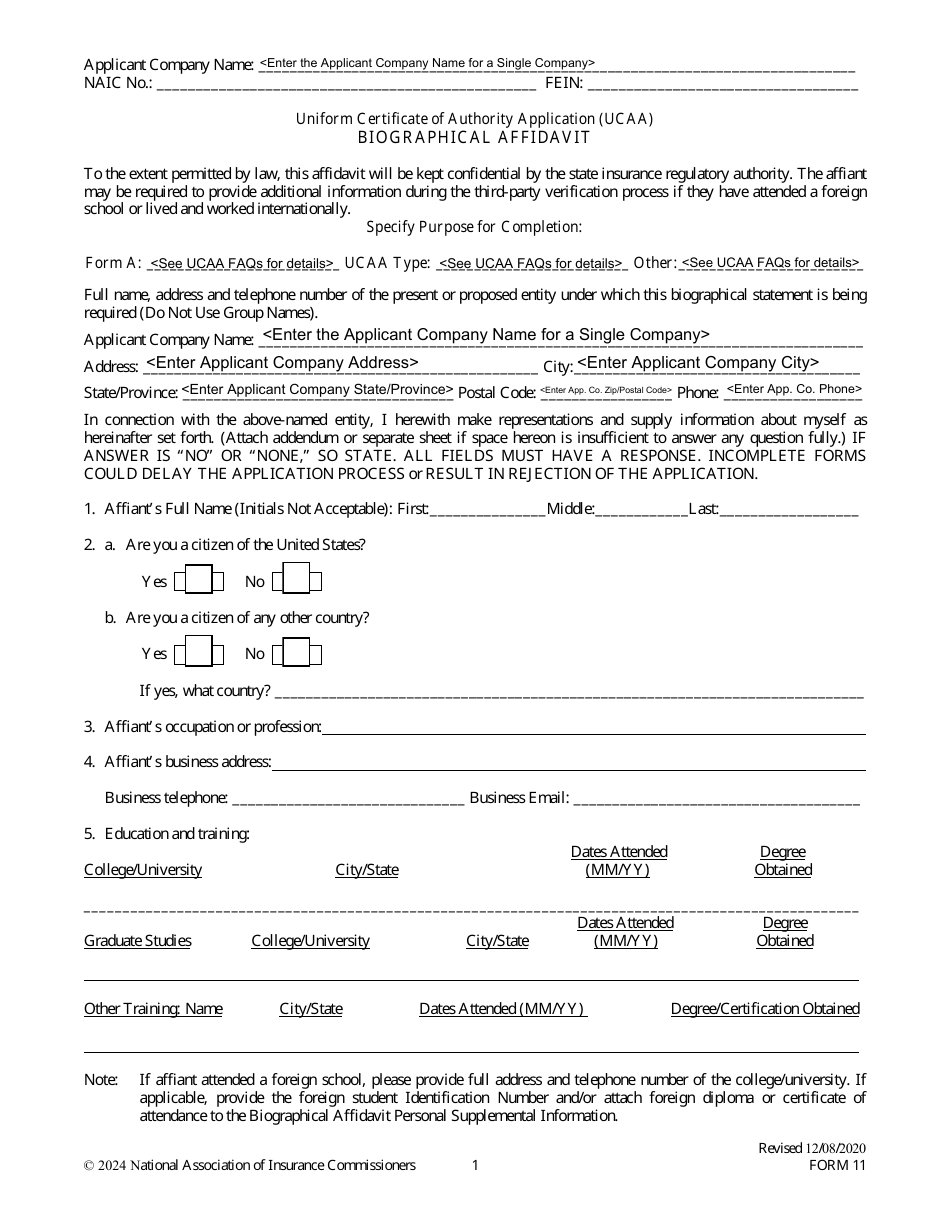 Form 11 Uniform Certificate of Authority Application (Ucaa) - Biographical Affidavit, Page 1
