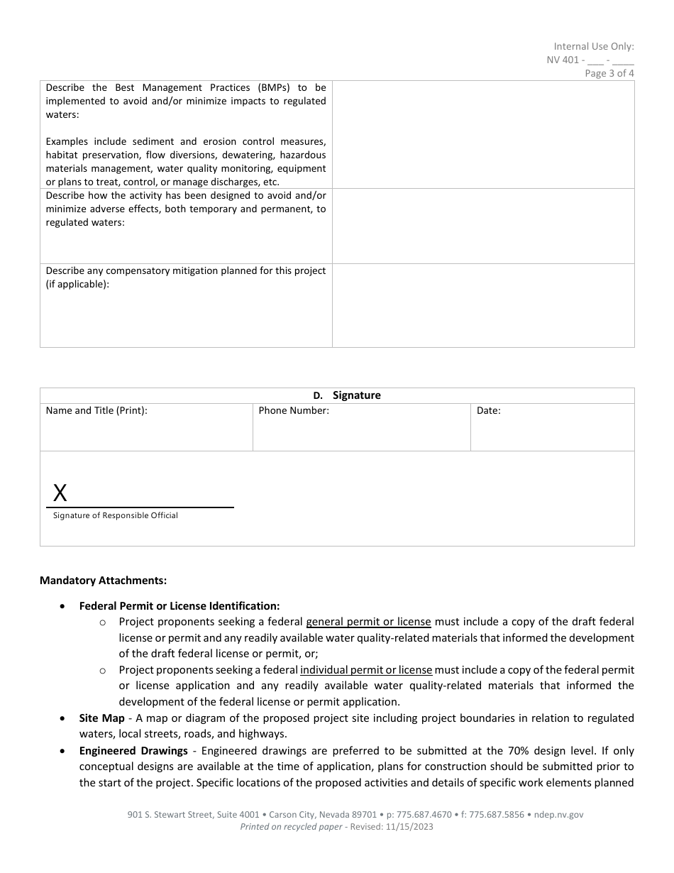 Nevada Clean Water Act Section 401 Water Quality Certification Nevada Clean Water Act Section 401 Water Quality Certification