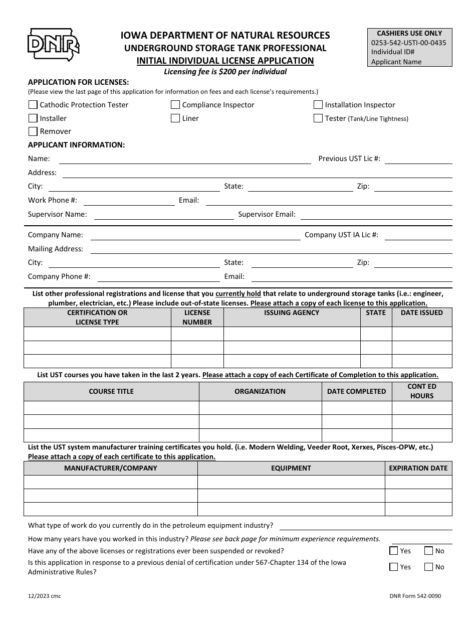 DNR Form 542-0090 Underground Storage Tank Professional Initial Individual License Application - Iowa, Page 1