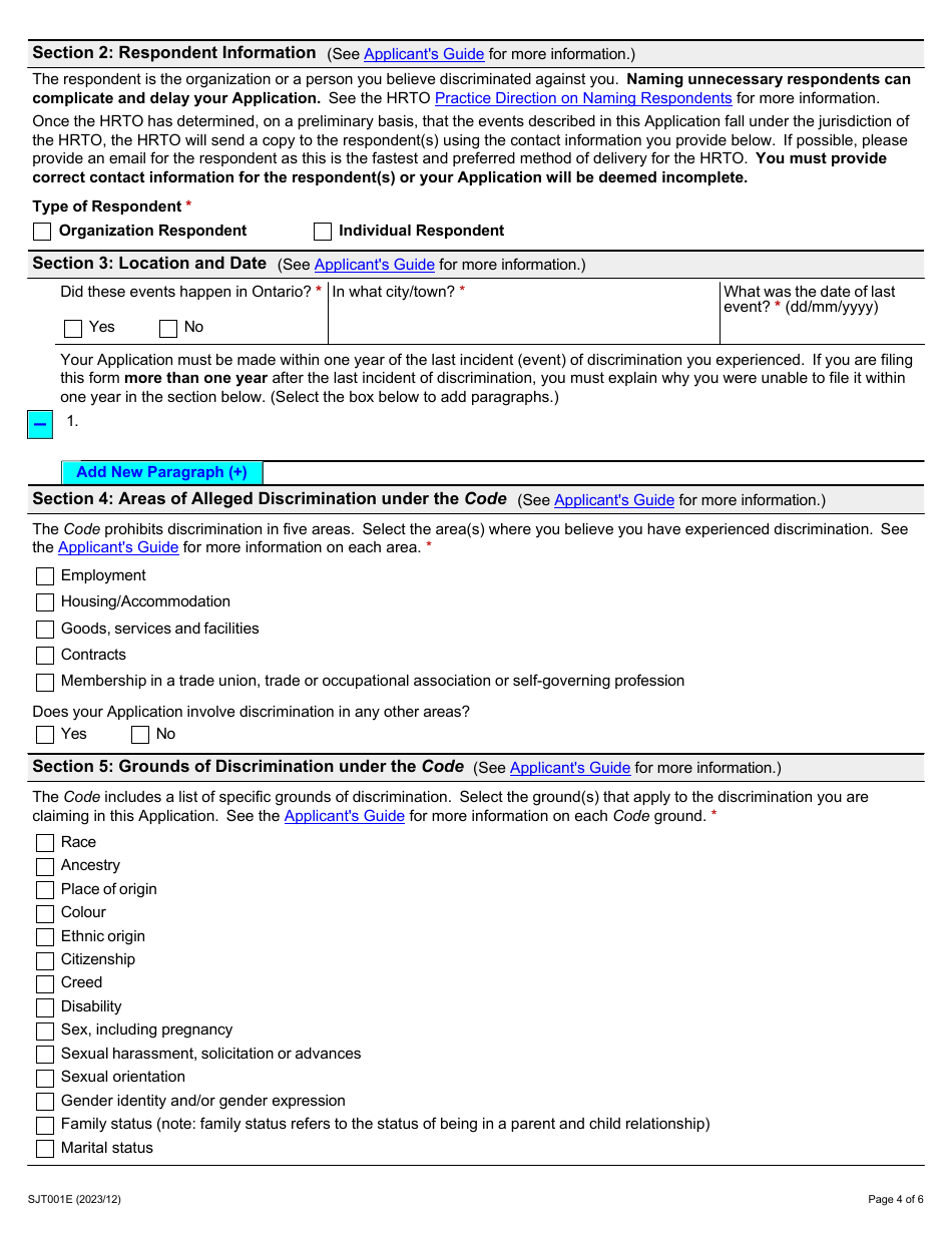 Form 1 (SJT001E) Application Under Section 34(1) of the Human Rights Code - Ontario, Canada, Page 4