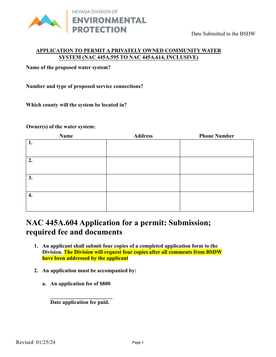 Application to Permit a Privately Owned Community Water System - Nevada, Page 1