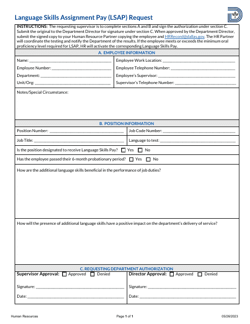 Language Skills Assignment Pay (Lsap) Request - City of Dallas, Texas Download Pdf