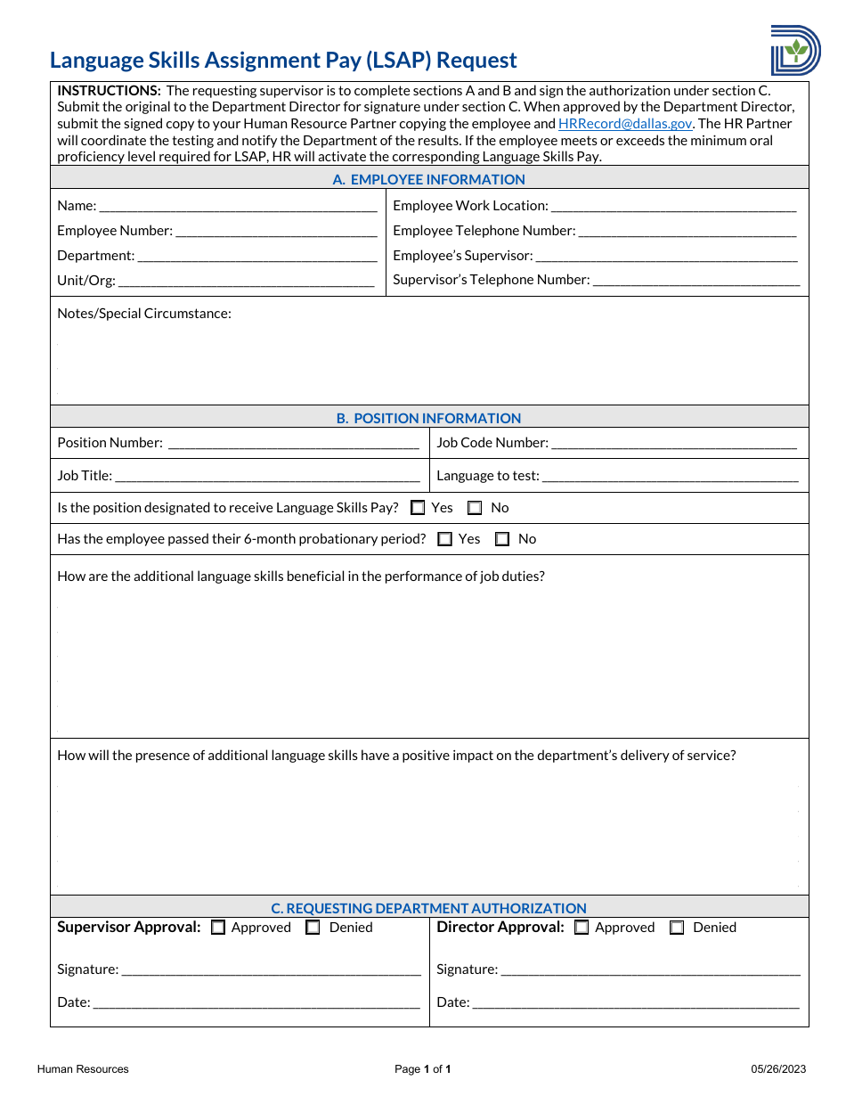 Language Skills Assignment Pay (Lsap) Request - City of Dallas, Texas, Page 1