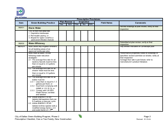 Project Summary and Checklist - One or Two Family Dwelling Unit - New Construction - Green Building Program - City of Dallas, Texas, Page 2