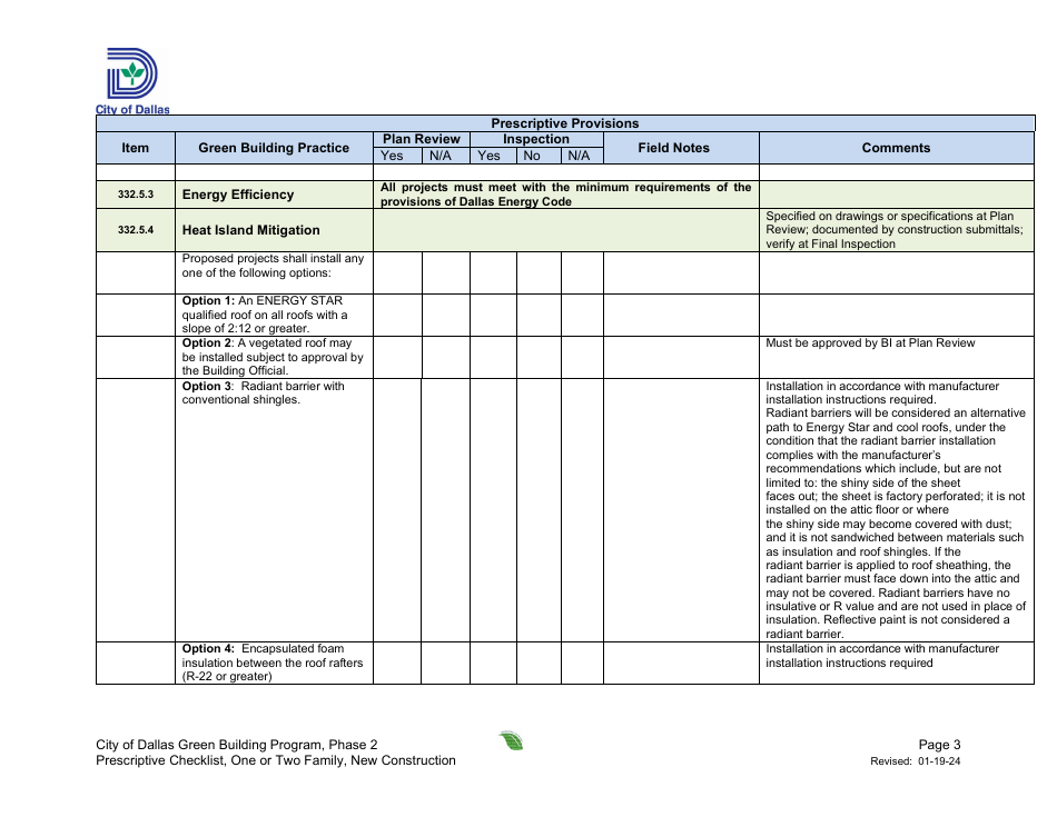 Project Summary and Checklist - One or Two Family Dwelling Unit - New Construction - Green Building Program - City of Dallas, Texas, Page 3