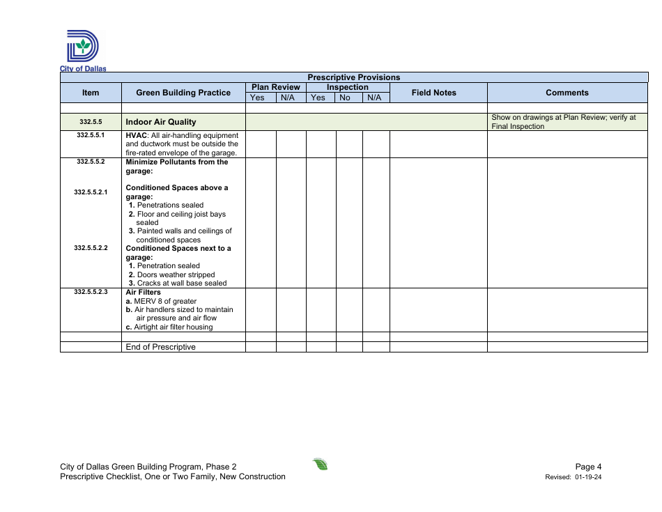 Project Summary and Checklist - One or Two Family Dwelling Unit - New Construction - Green Building Program - City of Dallas, Texas, Page 4