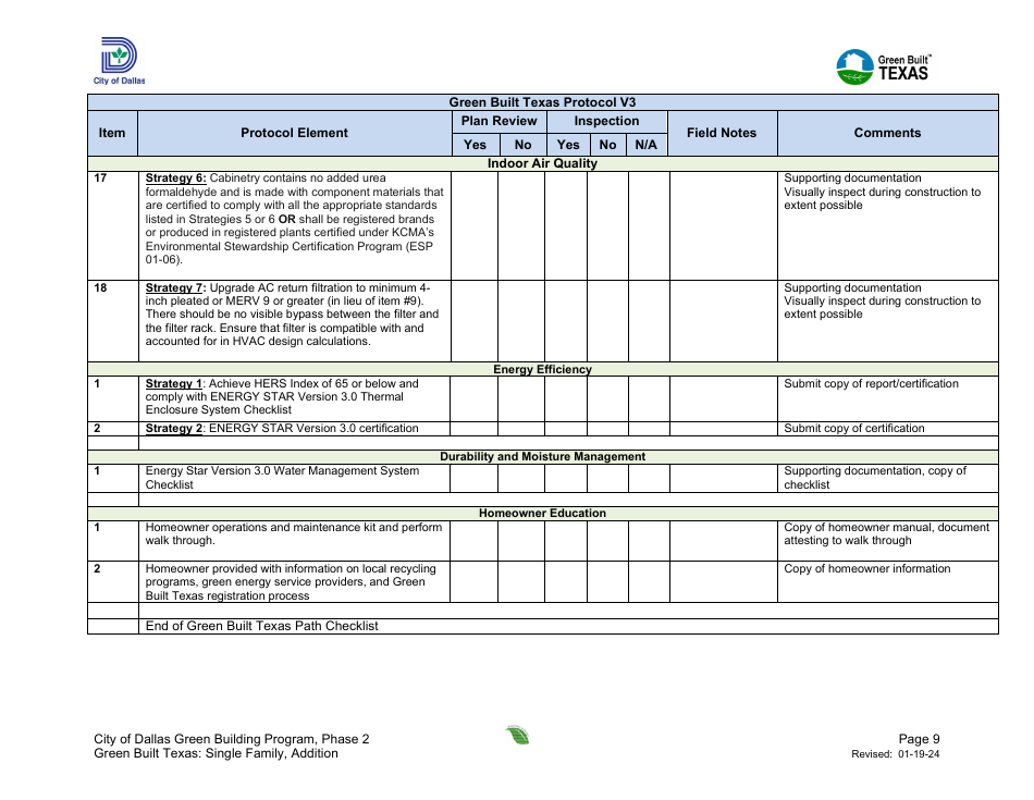 Project Summary and Checklist - One and Two Family - Addition - Green Building Program - City of Dallas, Texas, Page 9