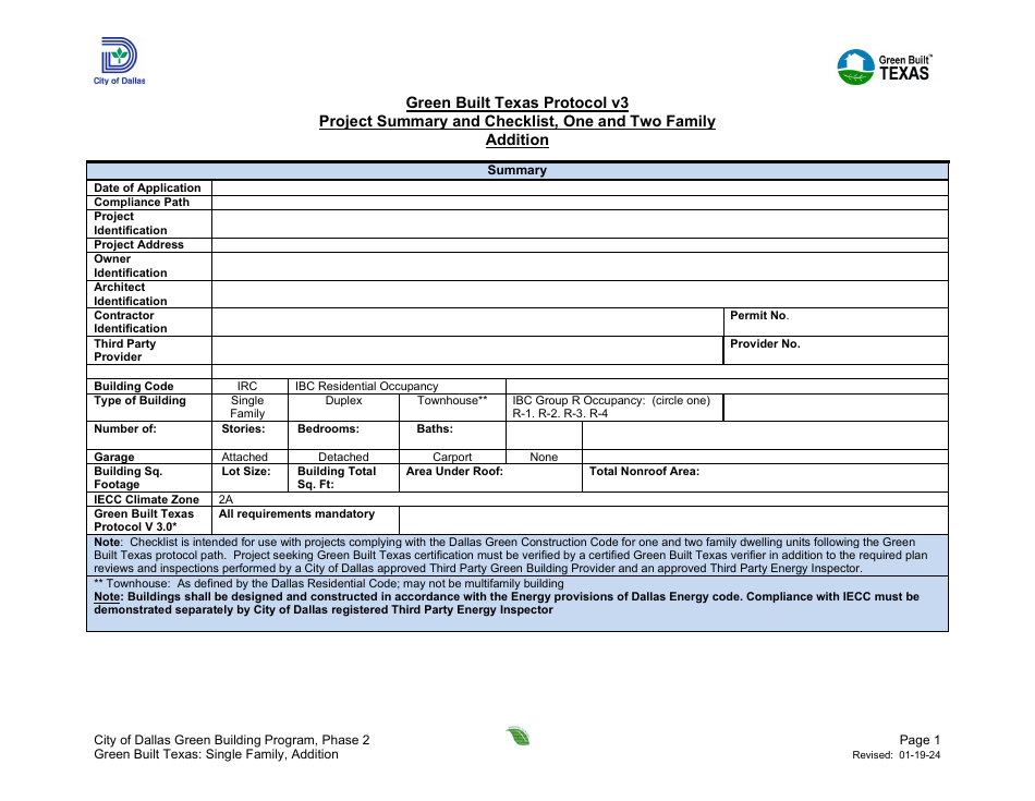 City of Dallas, Texas Project Summary and Checklist - One and Two ...