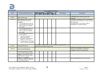 Prescriptive Path Project Summary and Checklist - One or Two Family Dwelling Unit - Addition - Green Building Program - City of Dallas, Texas, Page 2
