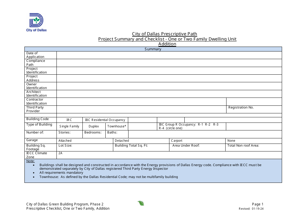 City of Dallas, Texas Prescriptive Path Project Summary and Checklist ...