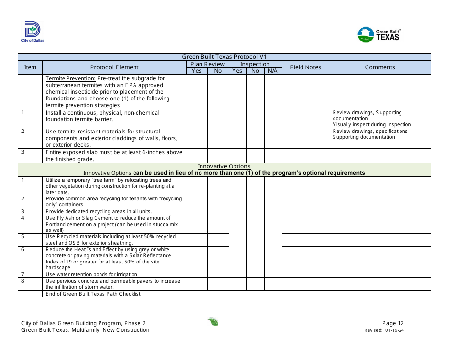 Project Summary and Checklist - Multifamily - New Construction - Green Building Program - City of Dallas, Texas, Page 12