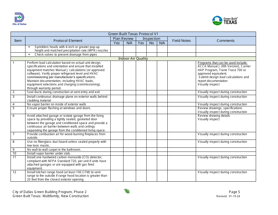 Project Summary and Checklist - Multifamily - New Construction - Green Building Program - City of Dallas, Texas, Page 5