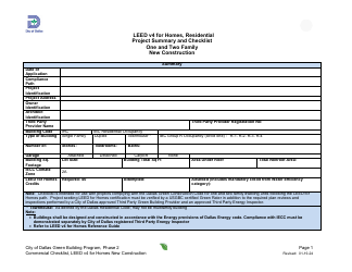 Leed V4 for Homes - Residential Project Summary and Checklist - One and Two Family - New Construction - Green Building Program - City of Dallas, Texas