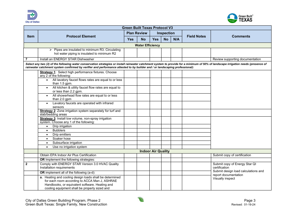 Project Summary and Checklist - One and Two Family - New Construction - Green Building Program - City of Dallas, Texas, Page 3
