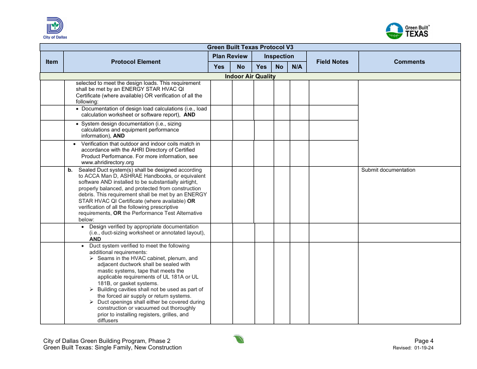 Project Summary and Checklist - One and Two Family - New Construction - Green Building Program - City of Dallas, Texas, Page 4