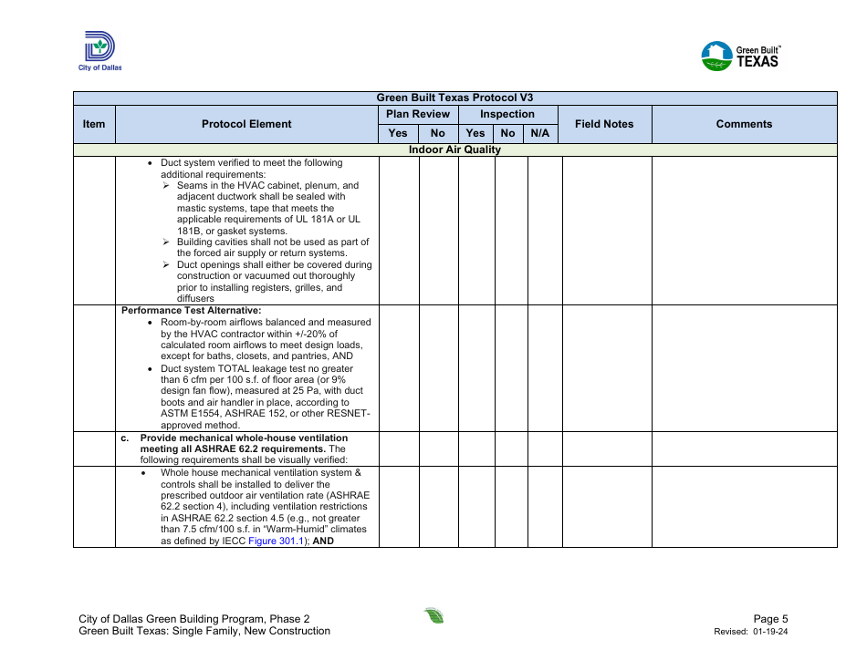 Project Summary and Checklist - One and Two Family - New Construction - Green Building Program - City of Dallas, Texas, Page 5
