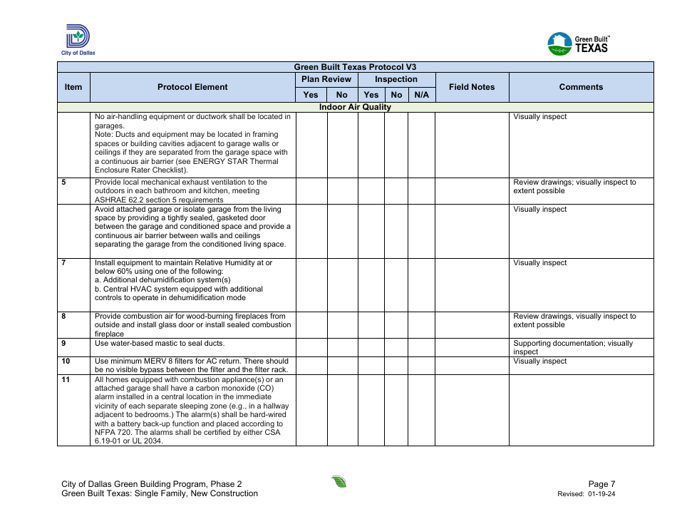 Project Summary and Checklist - One and Two Family - New Construction - Green Building Program - City of Dallas, Texas, Page 7