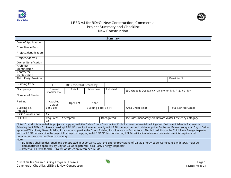 Leed V4 for BD+c: Commercial Checklist - New Construction - City of Dallas, Texas, Page 1