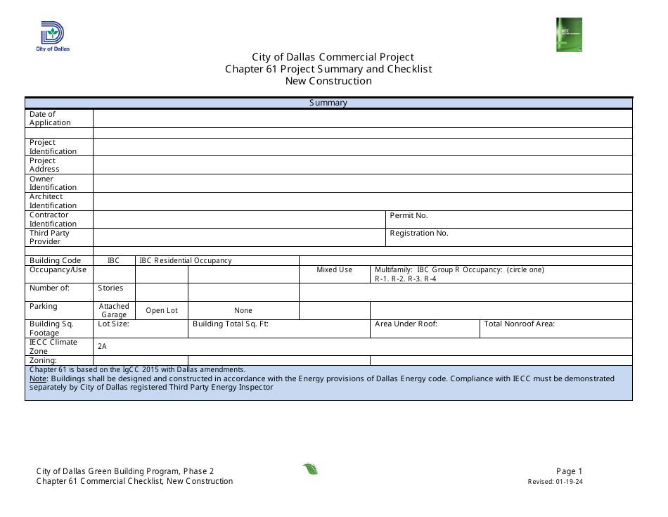 Chapter 61 Project Summary and Checklist - New Construction - Green Building Program - City of Dallas, Texas, Page 1