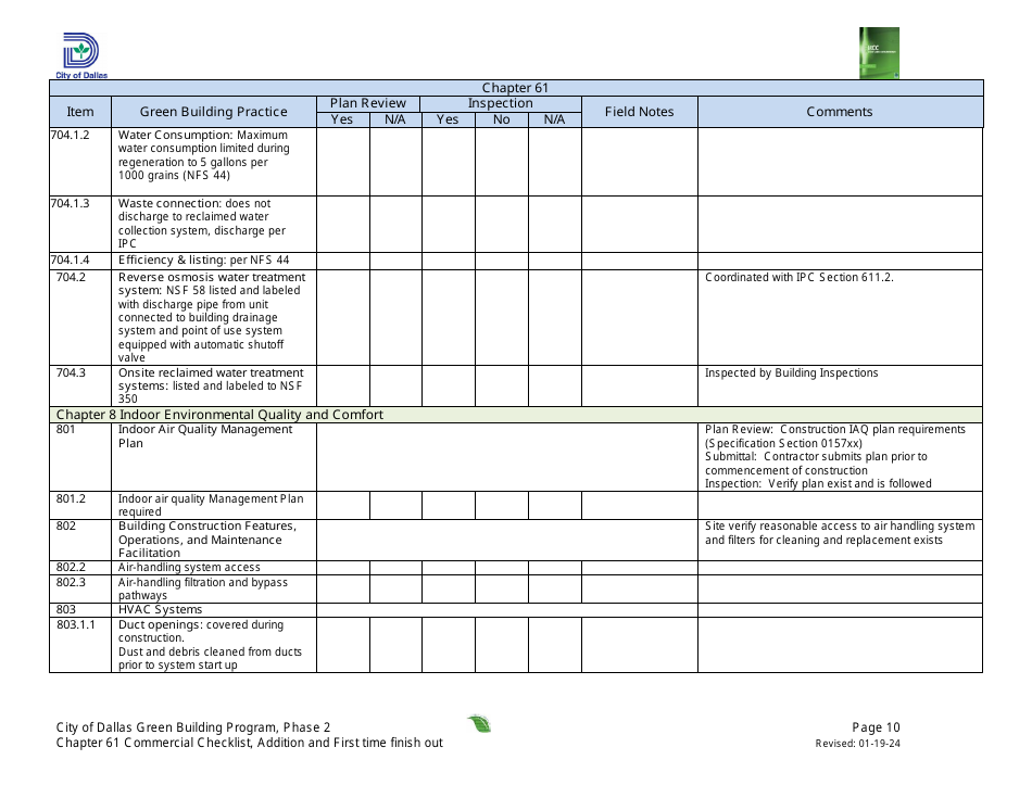 Chapter 61 Project Summary and Checklist - Addition and First Time Finish out - Green Building Program - City of Dallas, Texas, Page 10