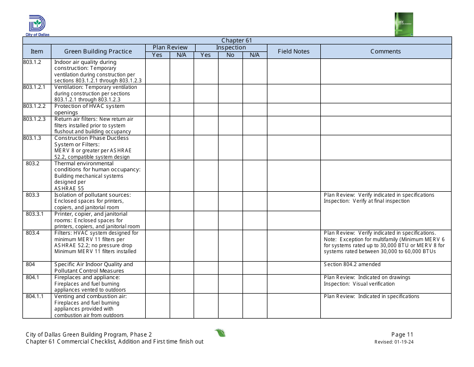 Chapter 61 Project Summary and Checklist - Addition and First Time Finish out - Green Building Program - City of Dallas, Texas, Page 11