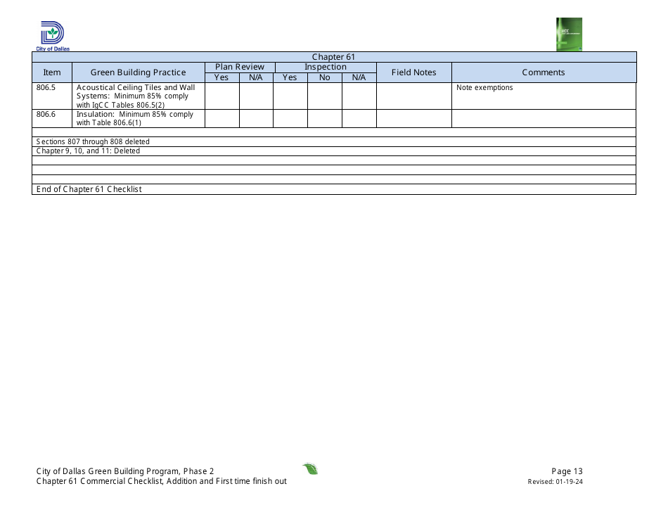 Chapter 61 Project Summary and Checklist - Addition and First Time Finish out - Green Building Program - City of Dallas, Texas, Page 13