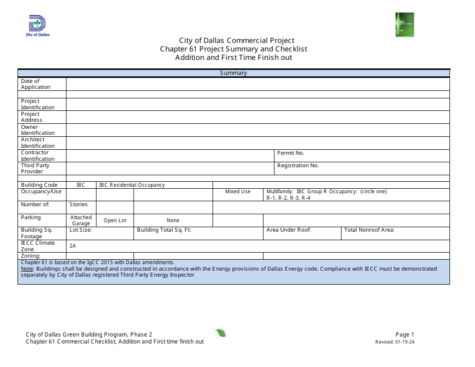 Chapter 61 Project Summary and Checklist - Addition and First Time Finish out - Green Building Program - City of Dallas, Texas, Page 1