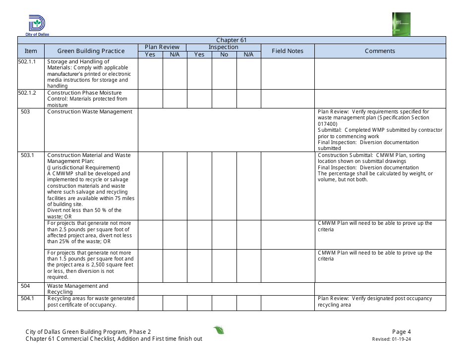 Chapter 61 Project Summary and Checklist - Addition and First Time Finish out - Green Building Program - City of Dallas, Texas, Page 4