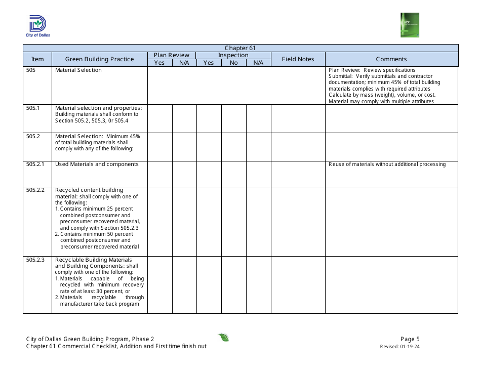 Chapter 61 Project Summary and Checklist - Addition and First Time Finish out - Green Building Program - City of Dallas, Texas, Page 5