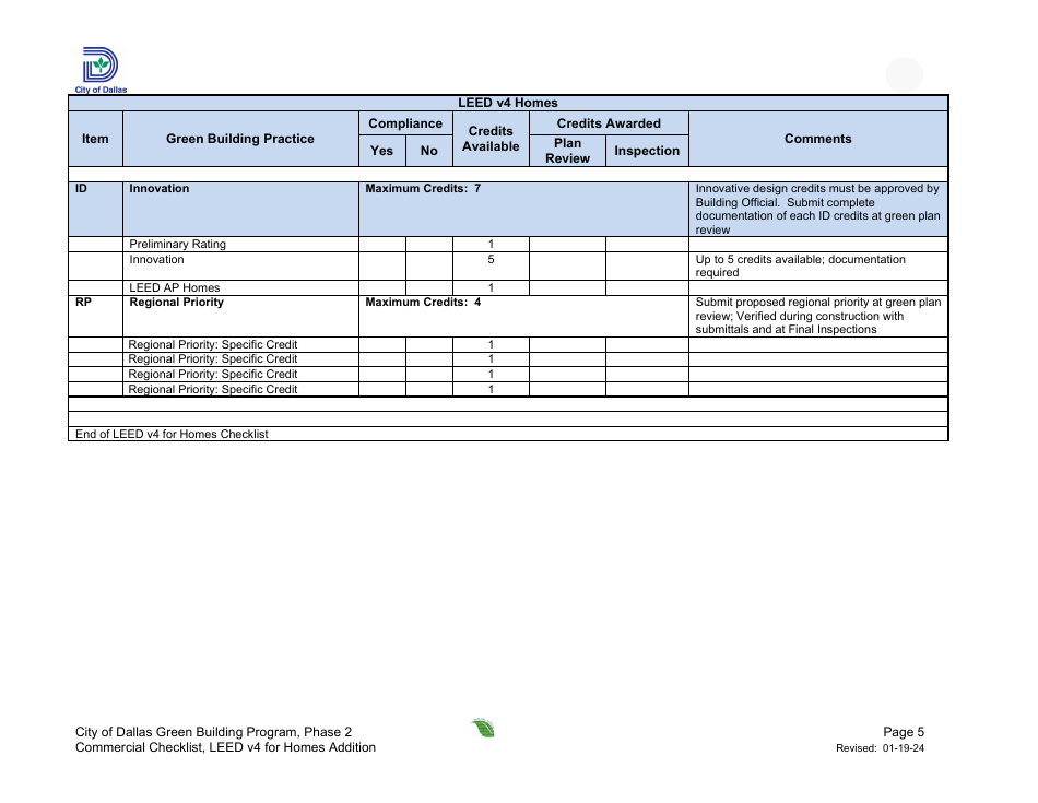 Leed V4 for Homes, Residential Project Summary and Checklist - One and Two Family - Addition - Green Building Program - City of Dallas, Texas, Page 5