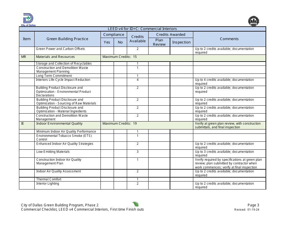 Leed V4 for Id+c: Commercial Interiors, Commercial Project Summary and Checklist - First Time Finish Outs - Green Building Program - City of Dallas, Texas, Page 3
