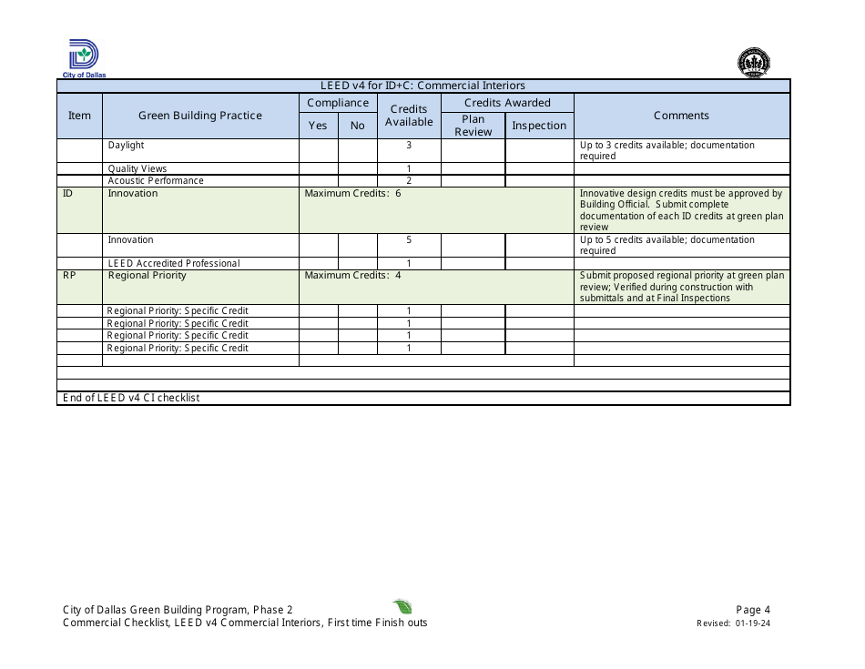 Leed V4 for Id+c: Commercial Interiors, Commercial Project Summary and Checklist - First Time Finish Outs - Green Building Program - City of Dallas, Texas, Page 4