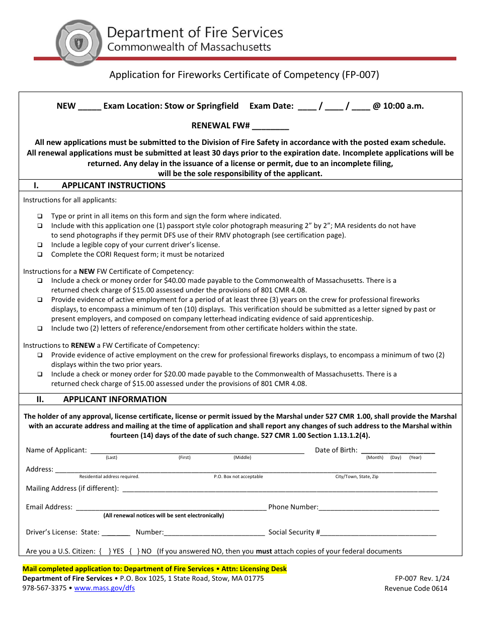 Form FP-007 Download Printable PDF or Fill Online Application for ...