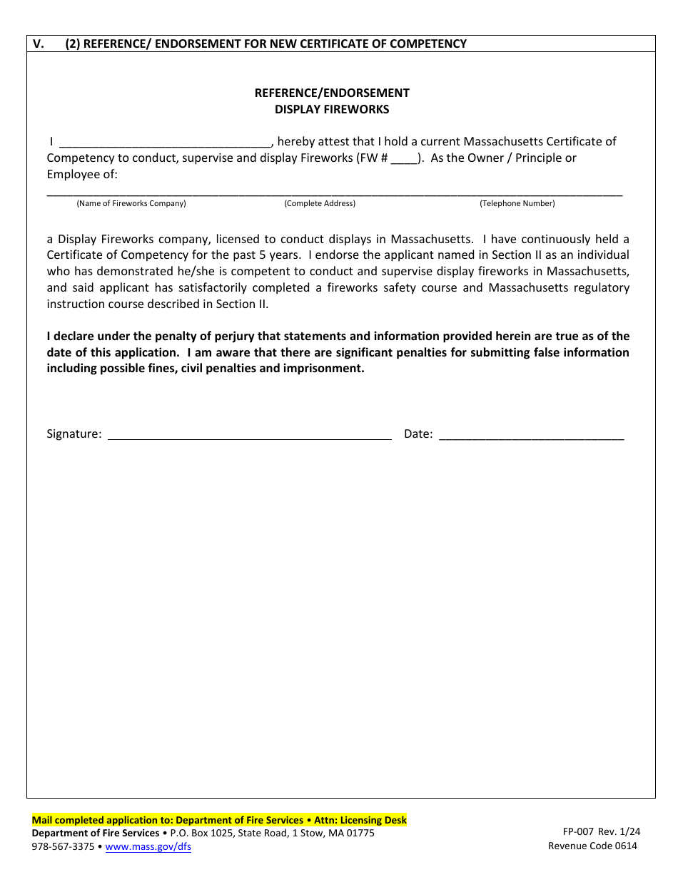 Form FP-007 Application for Fireworks Certificate of Competency - Massachusetts, Page 4